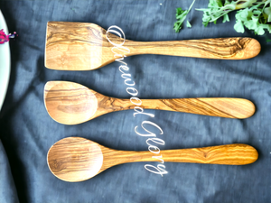 Premium Olivewood Spoon Set: Spatula, Regular Spoon, Spoon with Edge, and Optional Spurtle Ideal for Nonstick, Teflon, Cast Iron Cookware