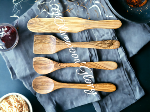 Premium Olivewood Spoon Set: Spatula, Regular Spoon, Spoon with Edge, and Optional Spurtle Ideal for Nonstick, Teflon, Cast Iron Cookware