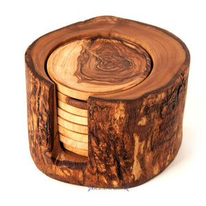 Set of 6 Coasters in a natural holder olive wood tree trunk